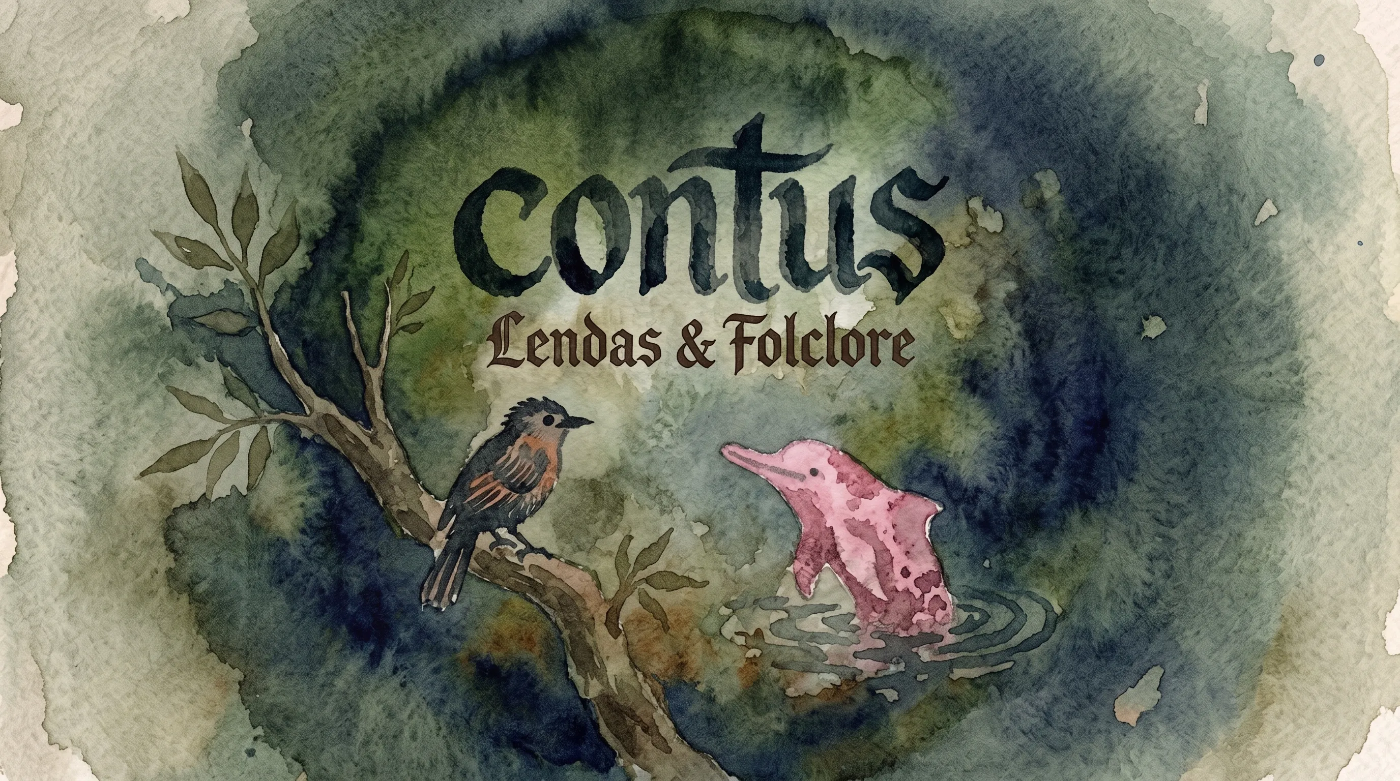 Arte Contus em aquarela: logotipo completo, pássaro uirapuru em um galho e boto cor-de-rosa nas águas